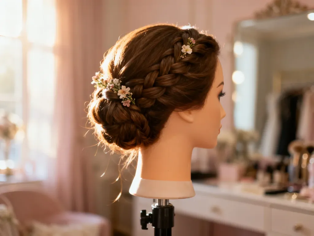 Eleganckie upięcie z warkoczem i kwiatowymi ozdobami, idealne na uroczyste okazje.