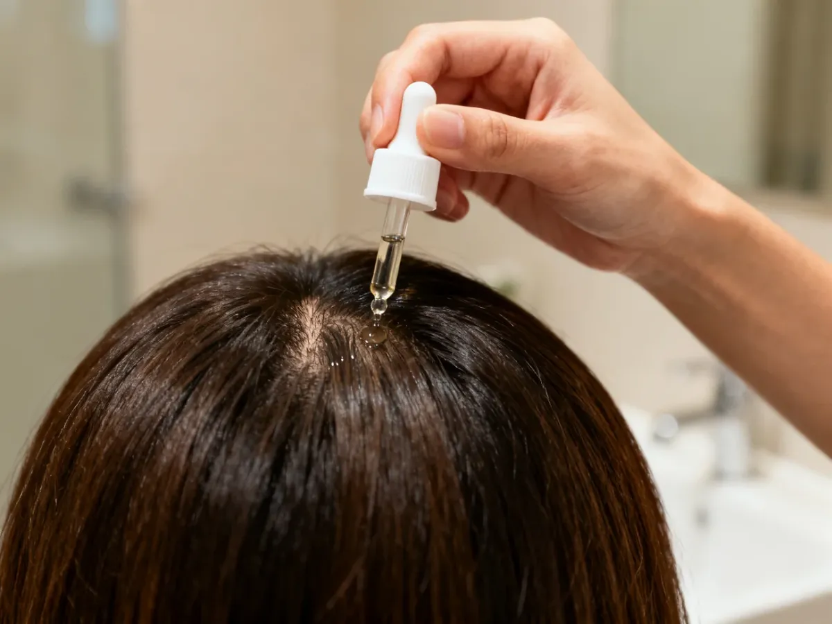 A person applying scalp lotion to the hair roots with a dropper