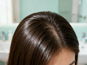 Szklana buteleczka serum do włosów na marmurowym blacie z kroplami olejku, w otoczeniu jasnego, łazienkowego wnętrza.