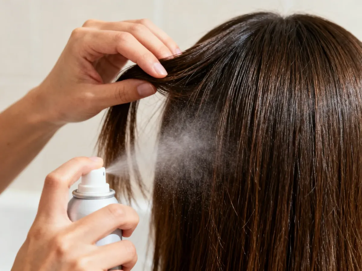 A person applying dry shampoo to the roots of dry hair from a distance