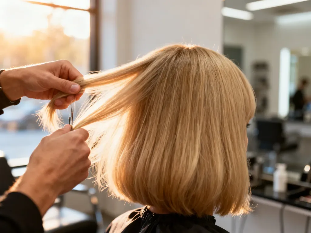 Fryzjer stylizuje cienkie, jasne włosy na objętościowego boba w nowoczesnym salonie.