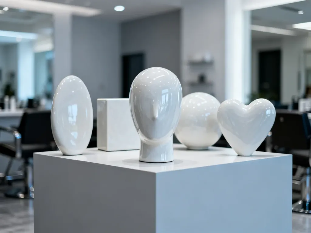 Zestaw ceramicznych manekinów prezentujących różne kształty twarzy, pomocnych w doborze idealnej fryzury.