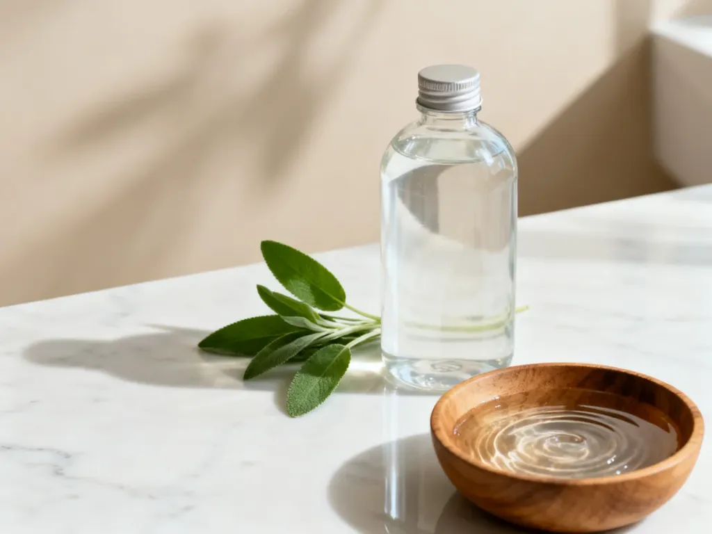 Szklana butelka naturalnego szamponu z ziołami na marmurowym blacie w minimalistycznej łazience.