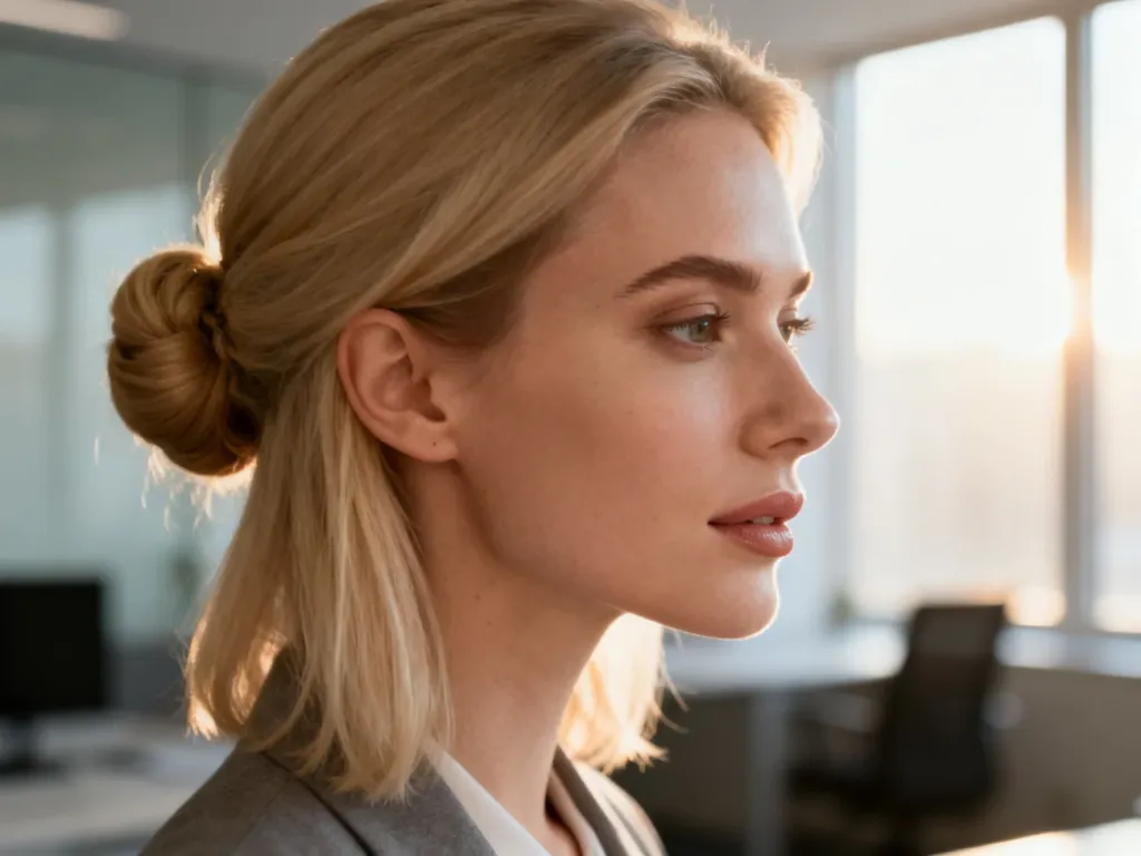 Elegancki i szybki kok u blondynki w profesjonalnym, biurowym wydaniu. Idealna fryzura do pracy wykonana w kilka chwil.