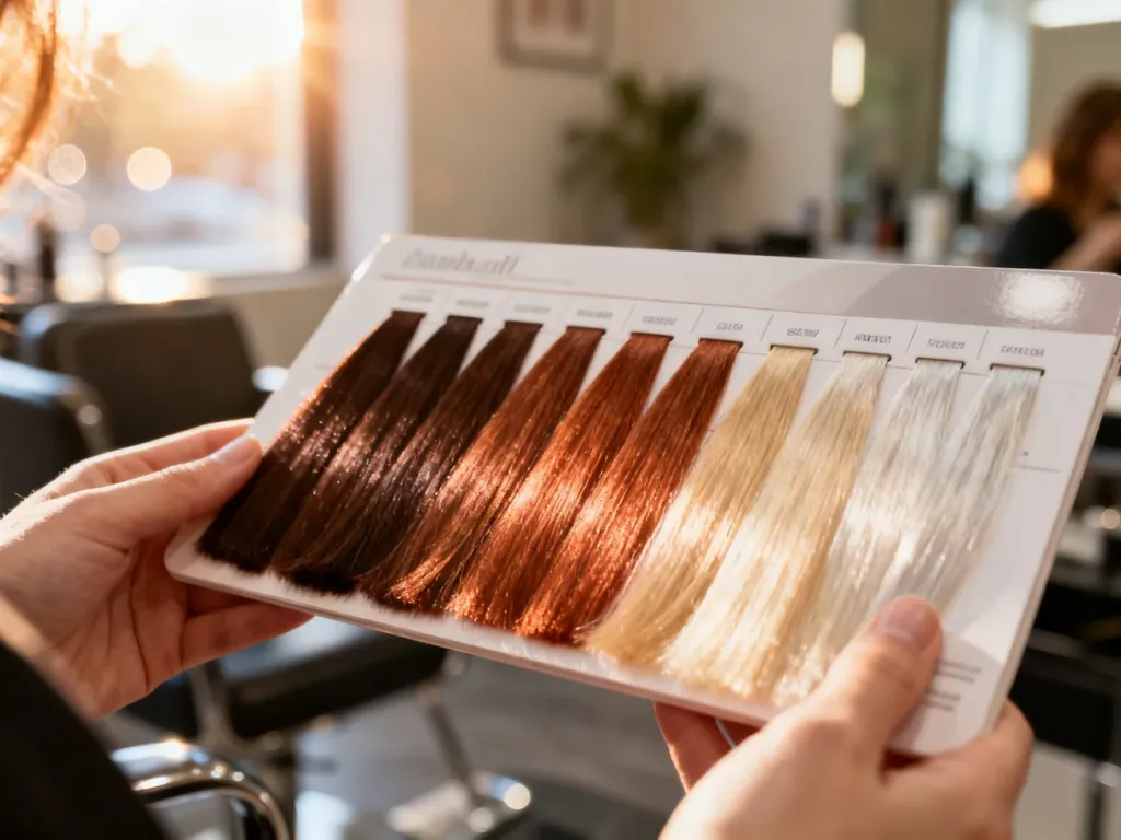 Dłonie trzymające próbnik z odcieniami farb do włosów, od brązów po miedź i blond, w profesjonalnym salonie fryzjerskim.