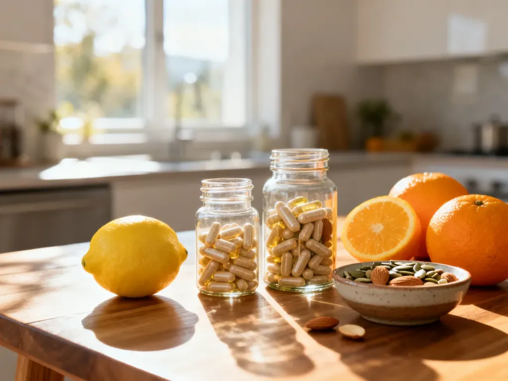 Zestaw naturalnych suplementów, orzechów i owoców cytrusowych na drewnianym stole, promujący zdrową dietę dla włosów.