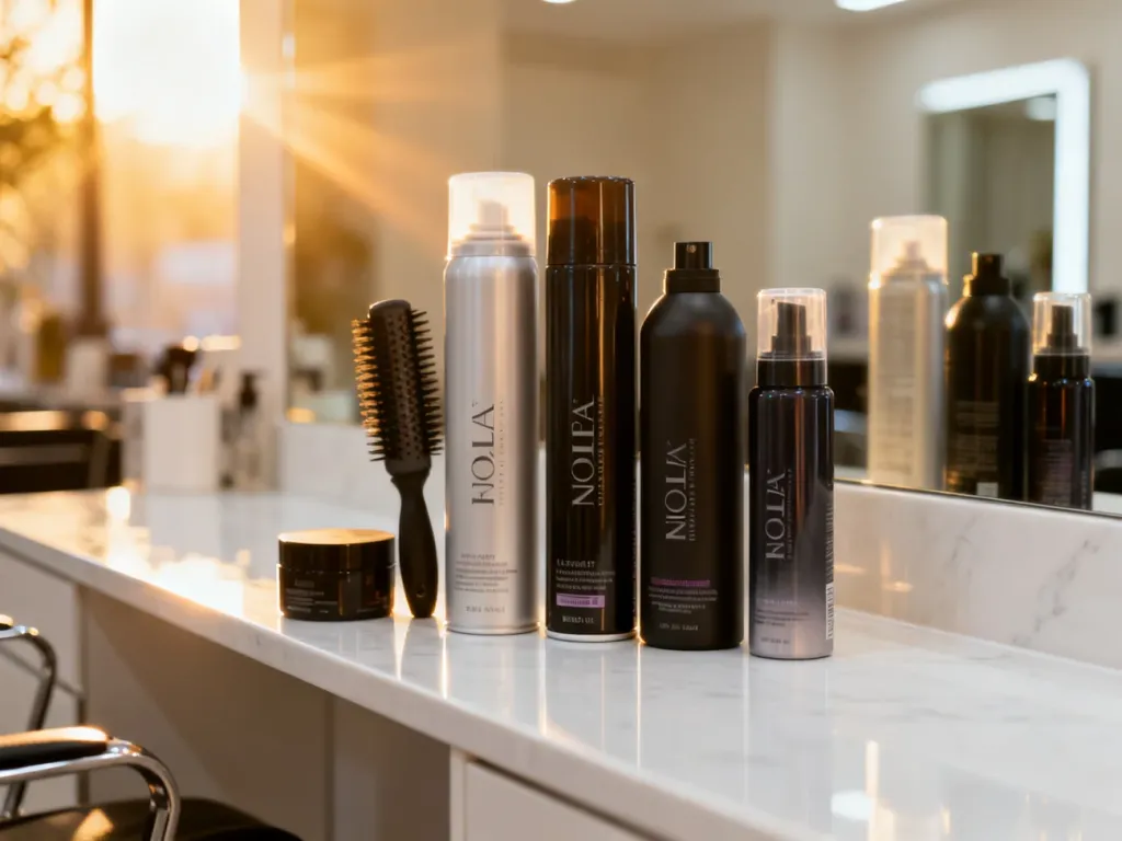 Profesjonalne produkty do stylizacji włosów ustawione na marmurowym blacie w estetycznym, słonecznym salonie fryzjerskim.