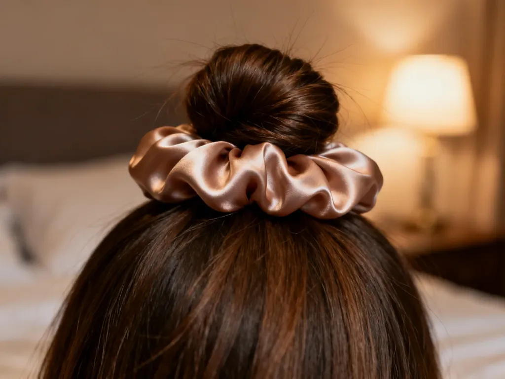 Jedwabna gumka typu scrunchie luźno podtrzymująca włosy w delikatnym koku, zapewniająca ochronę pasm podczas snu.