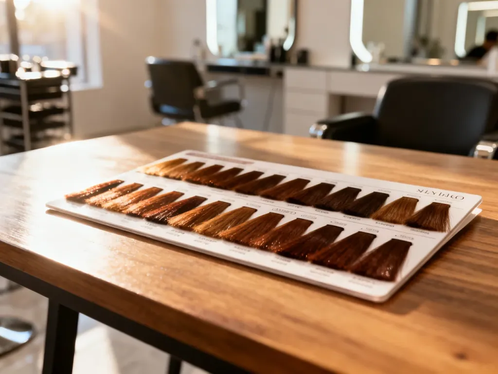Paleta próbek włosów w odcieniach brązu i kasztanu na drewnianym stole w profesjonalnym salonie fryzjerskim.
