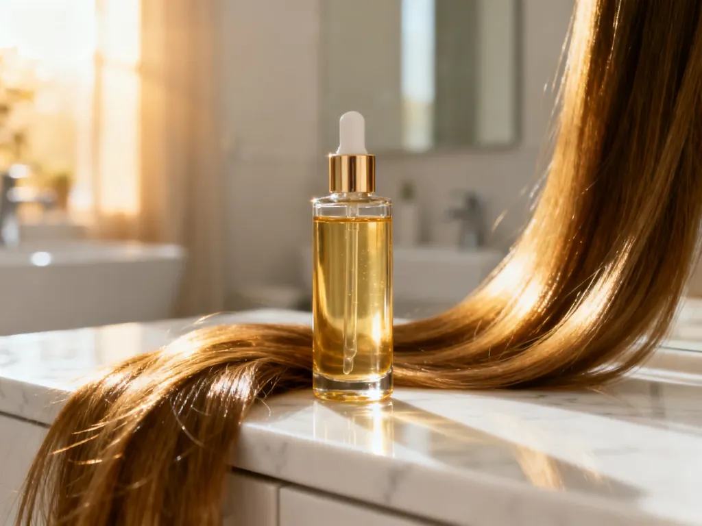 Szklana buteleczka serum do włosów Biovax na marmurowym blacie w otoczeniu lśniących pasm włosów w słonecznym świetle.