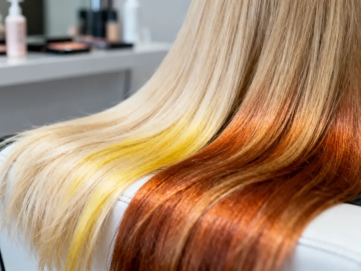 Dwa odcienie blond włosów z żółtymi i miedziano-pomarańczowymi refleksami