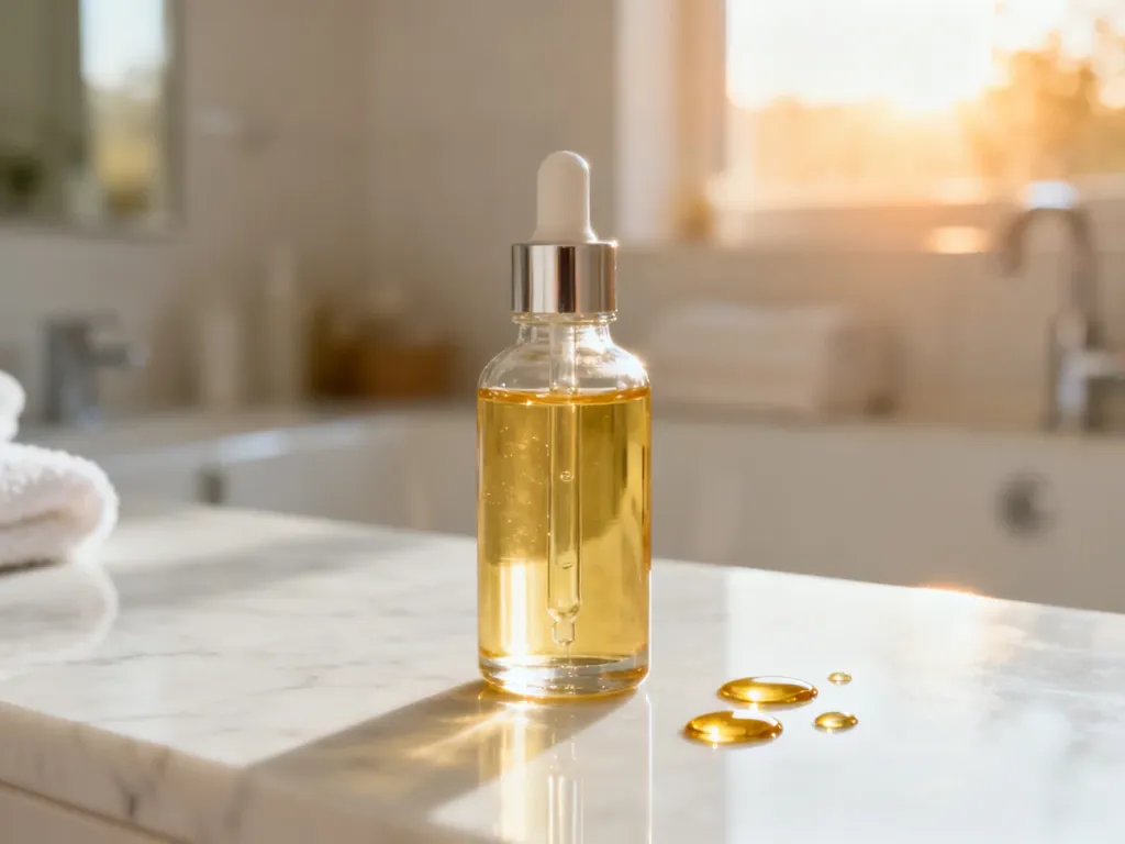 Szklana buteleczka serum do włosów na marmurowym blacie z kroplami olejku, w otoczeniu jasnego, łazienkowego wnętrza.