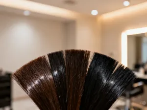 Profesjonalne akcesoria do stylizacji włosów, takie jak suszarka, szczotka i spryskiwacz, ułożone na drewnianej półce.