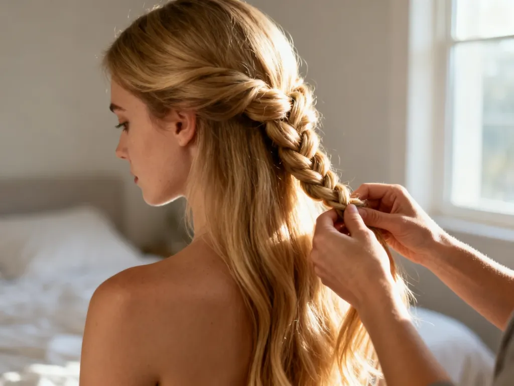 Kobieta z długimi blond włosami wykonuje elegancki warkocz, prezentując proces tworzenia fryzury krok po kroku.