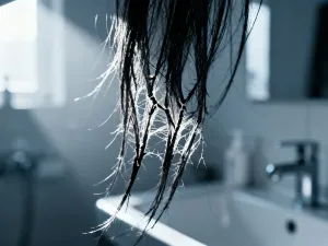 Profesjonalny peeling do skóry głowy w szklanym słoiczku z drewnianą szpatułką na białym marmurowym blacie.