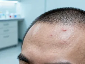 Elegancki, gładko upięty kok na głowie manekina w profesjonalnym salonie fryzjerskim.